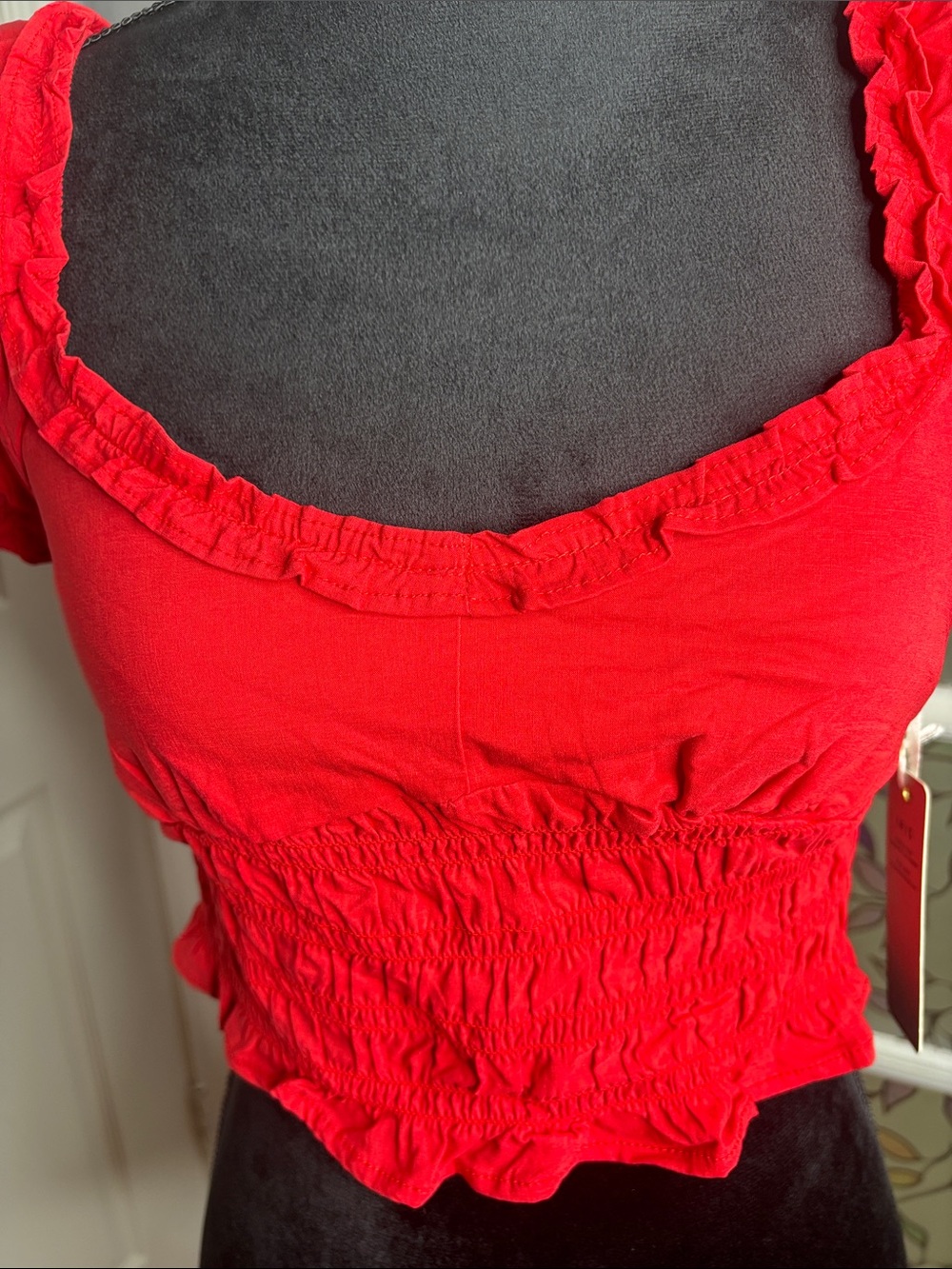 iris Red Smocked Ruffle Crop Top - Picture 7 of 8